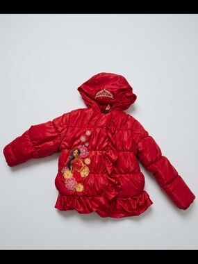 Girls' ELENA OF AVALOR Red Puffer Jacket with Princess Motif and Ruffle Hem